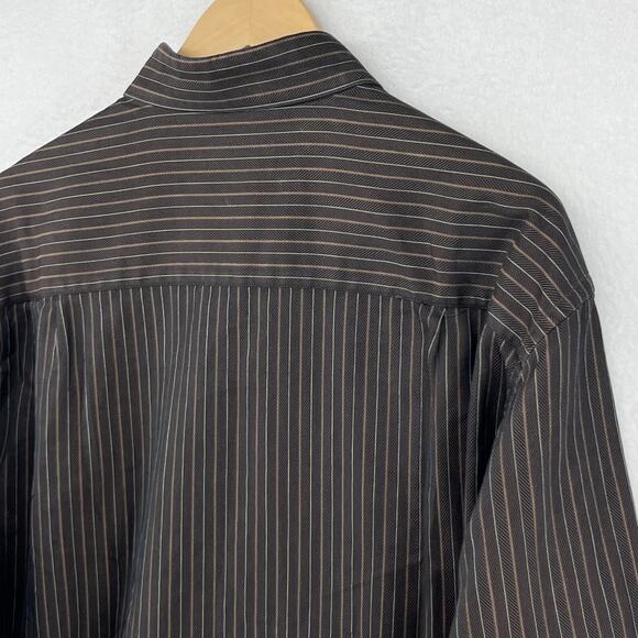ERMENEGILDO ZEGNA Shirt Mens XL Striped Herringbone Twill Button Up Cotton Brown - Picture 8 of 15